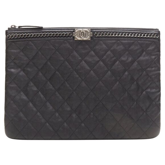 Chanel large boy o case quilted leather chain trim t pouch clutch bag - Picture 1 of 6